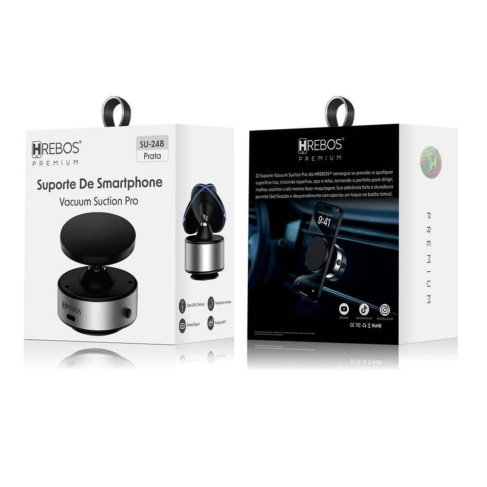 Suporte Magnético para Smartphone Hrebos - Vacuum Suction Pro Prata
