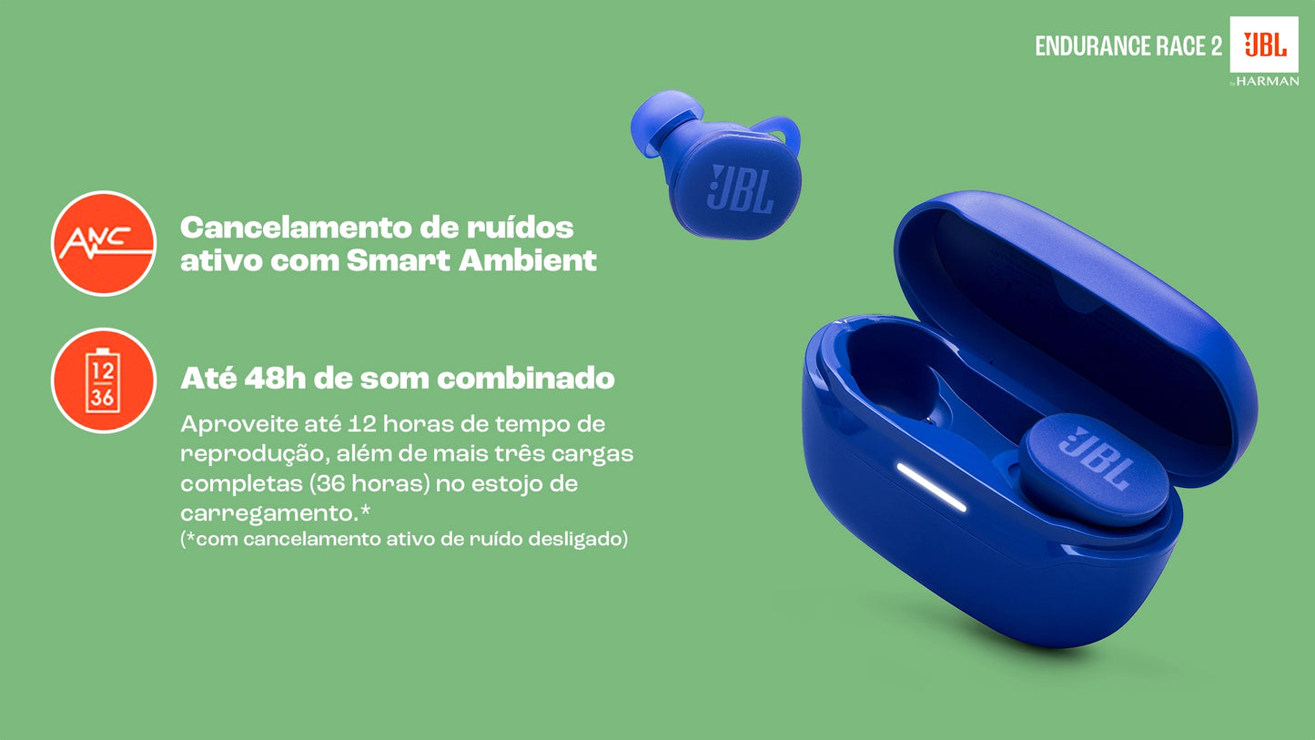 Fone de Ouvido JBL Endurance Race 2 – Bluetooth, IP68, 48h de Bateria, Cancelamento de Ruído