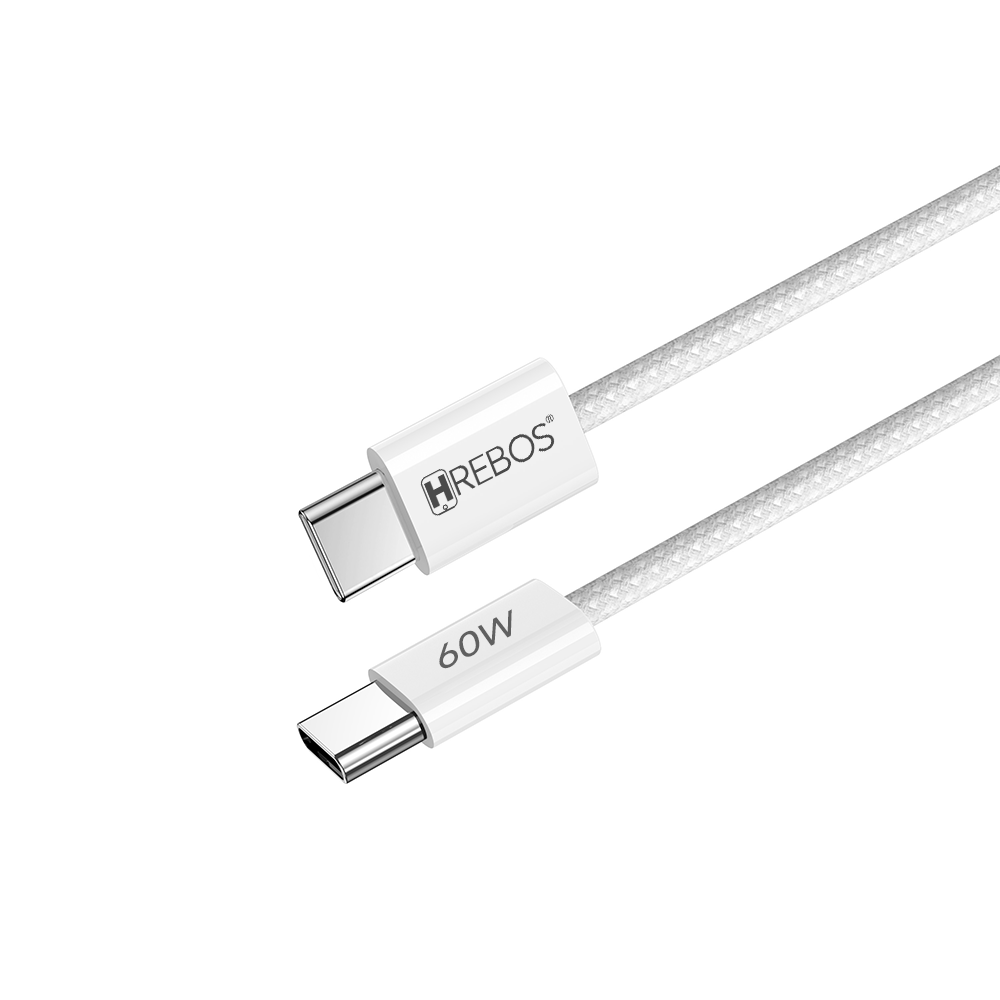 Cabo Carregador Rápido Hrebos Dual Tipo-C PD 60W Compatível IPhone/Samsung/Xiaomi - 1.5m Branco