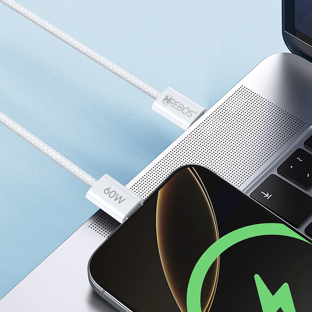 Cabo Carregador Rápido Hrebos Dual Tipo-C PD 60W Compatível IPhone/Samsung/Xiaomi - 1.5m Branco