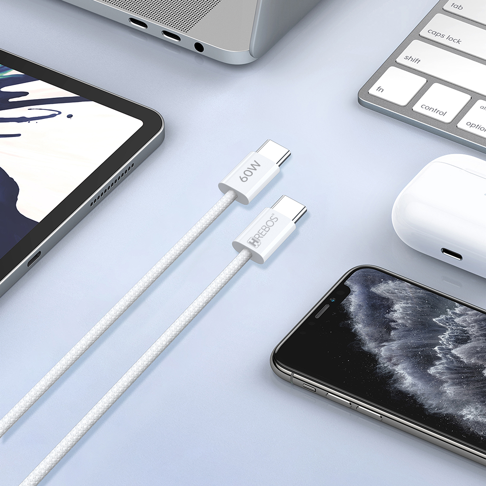 Cabo Carregador Rápido Hrebos Dual Tipo-C PD 60W Compatível IPhone/Samsung/Xiaomi - 1.5m Branco