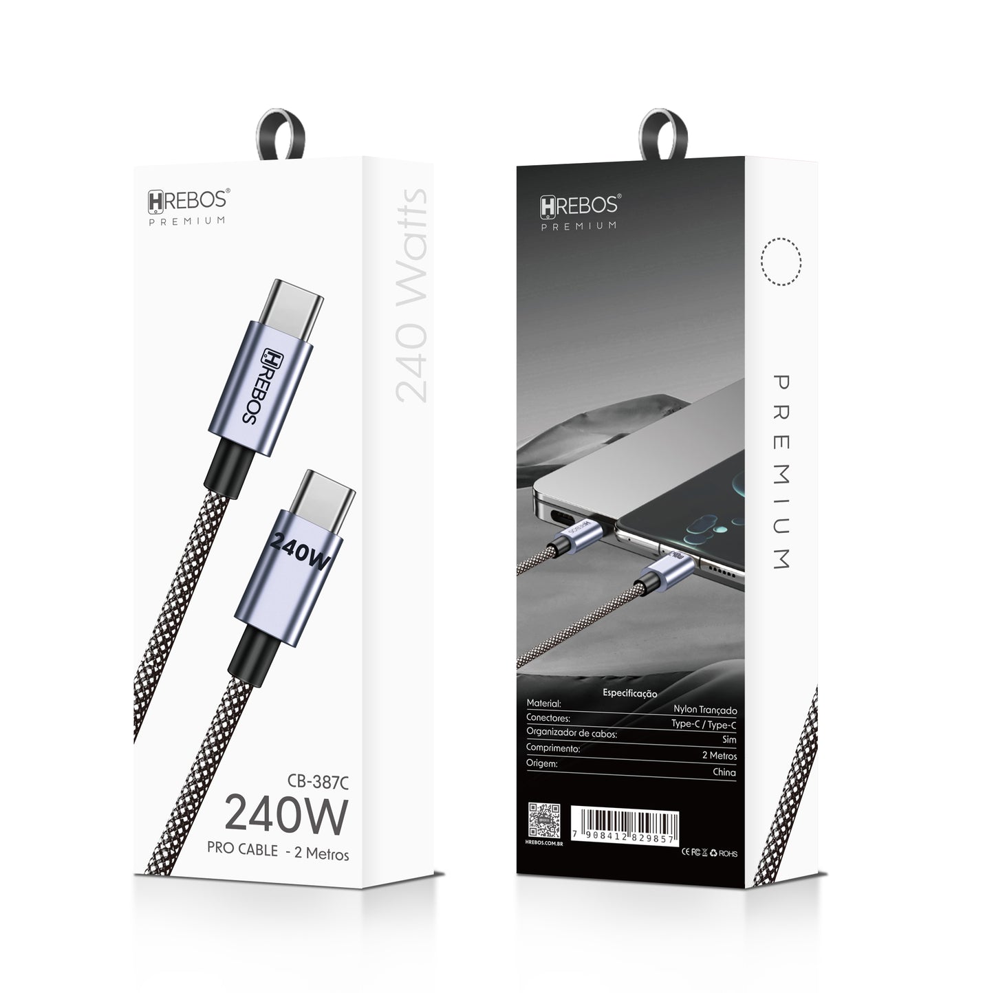 Cabo Carregador Ultra Rapido Hrebos USB-C 240W PD Compatível iPhone, Samsung, Xiaomi e MacBook – 1m Preto