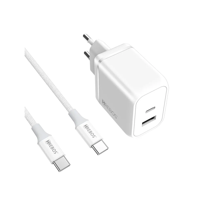 HREBOS Premium Carregador de Parede Premium 45W 1 entrada USB-C e 1 entrada USB com Cabo - Branco