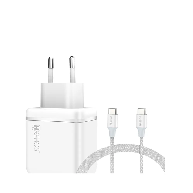HREBOS Premium Carregador de Parede Premium 45W 1 entrada USB-C e 1 entrada USB com Cabo - Branco