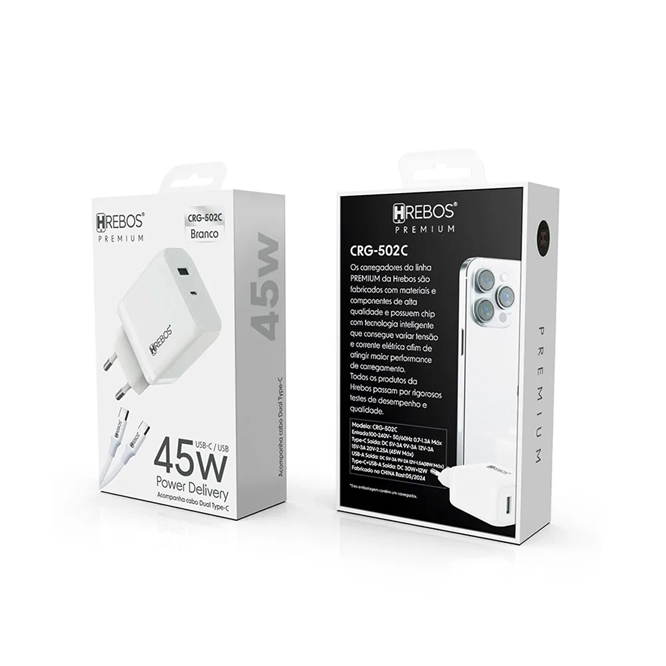HREBOS Premium Carregador de Parede Premium 45W 1 entrada USB-C e 1 entrada USB com Cabo - Branco
