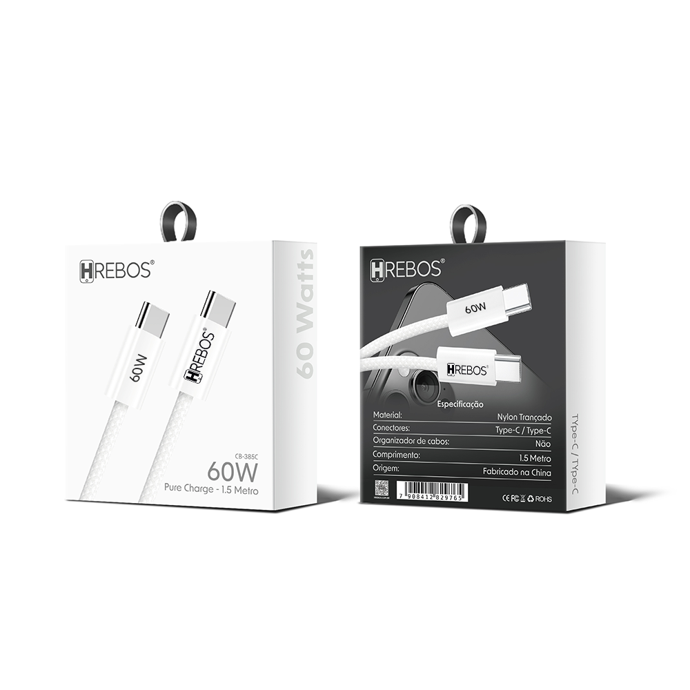 Cabo Carregador Rápido Hrebos Dual Tipo-C PD 60W Compatível IPhone/Samsung/Xiaomi - 1.5m Branco