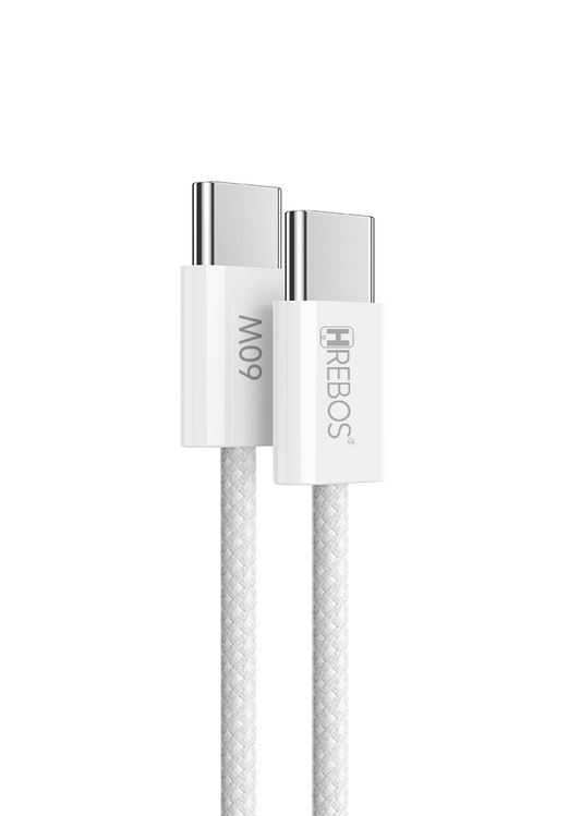 Cabo Carregador Rápido Hrebos Dual Tipo-C PD 60W Compatível IPhone/Samsung/Xiaomi - 1.5m Branco
