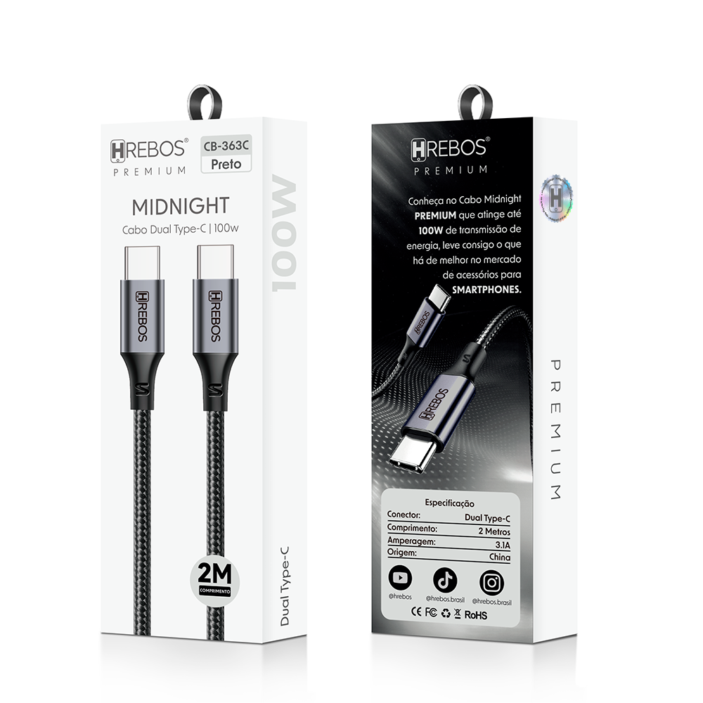 HREBOS Premium Cabo Dual Tipo-C 100W Midnight 2M - Preto
