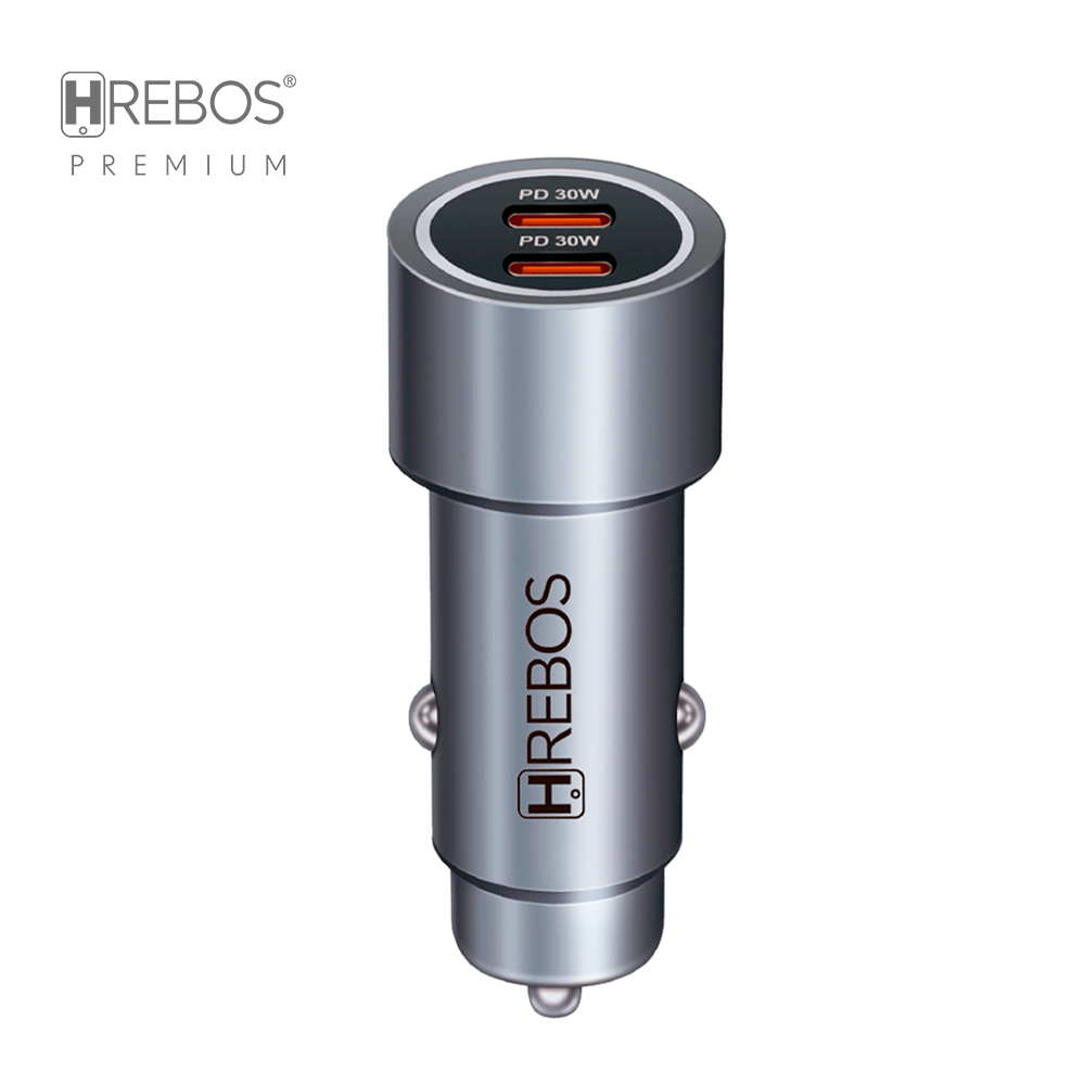 HREBOS Premium Kit Carregador Veicular 60W 2x USB-C com cabo Tipo-C ou Lightning - Cinza