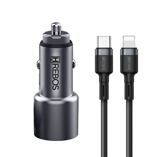 HREBOS Premium Kit Carregador Veicular 60W 2x USB-C com cabo Lightning - Cinza