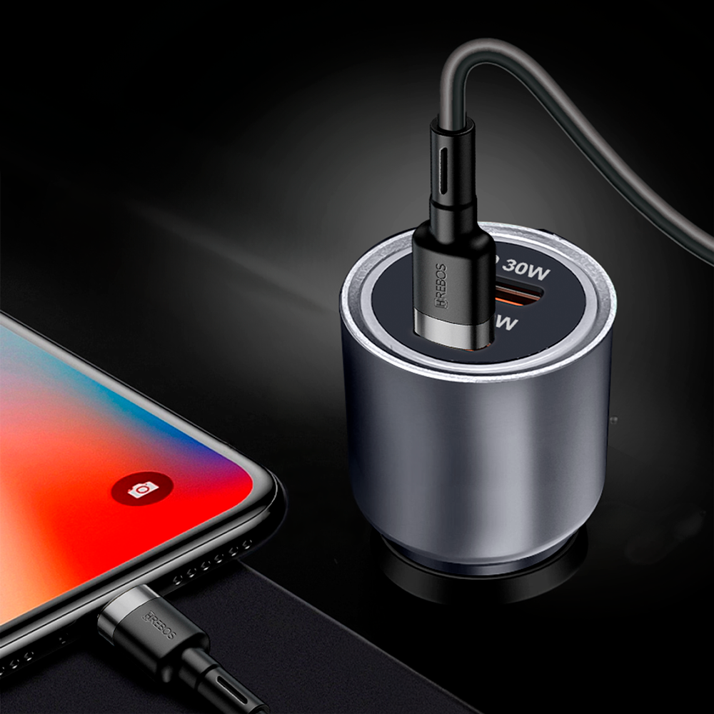 HREBOS Premium Kit Carregador Veicular 60W 2x USB-C com cabo Tipo-C ou Lightning - Cinza