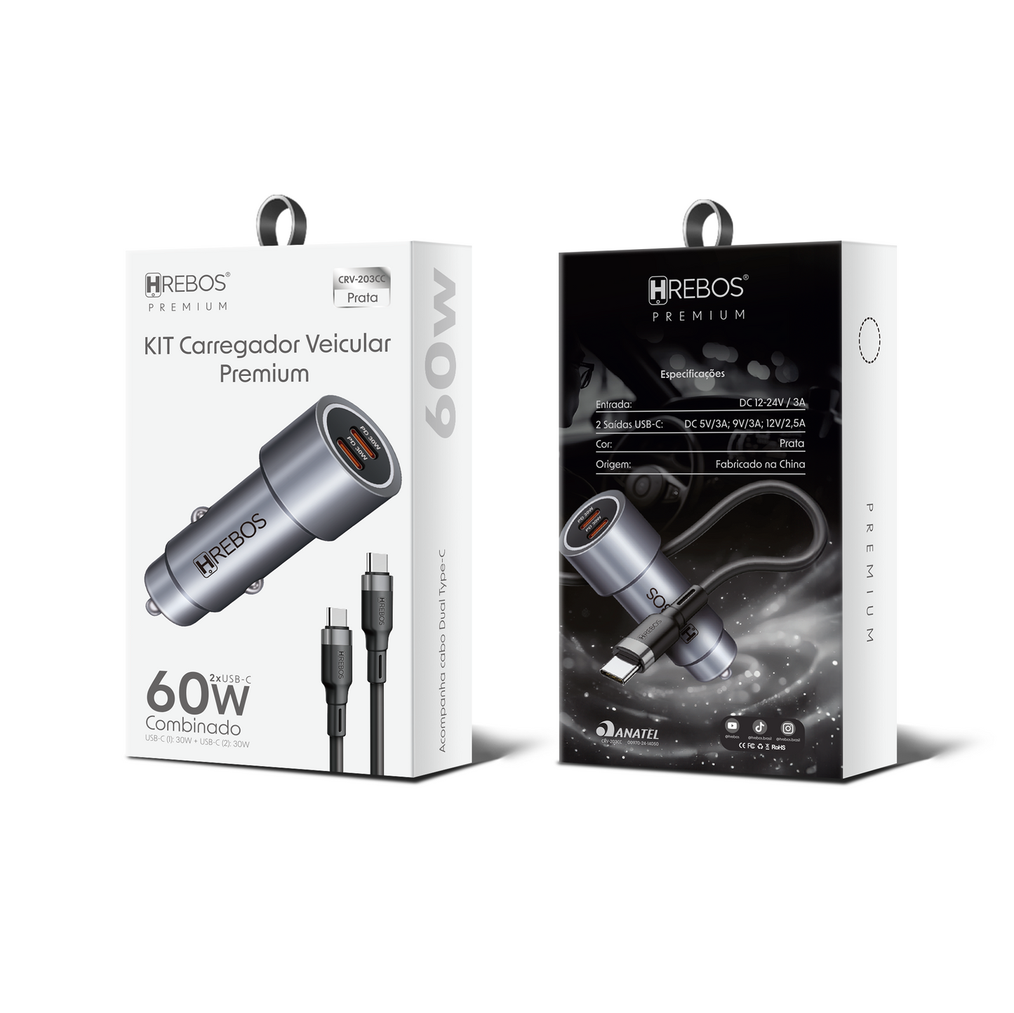 HREBOS Premium Kit Carregador Veicular 60W 2x USB-C com cabo Tipo-C ou Lightning - Cinza