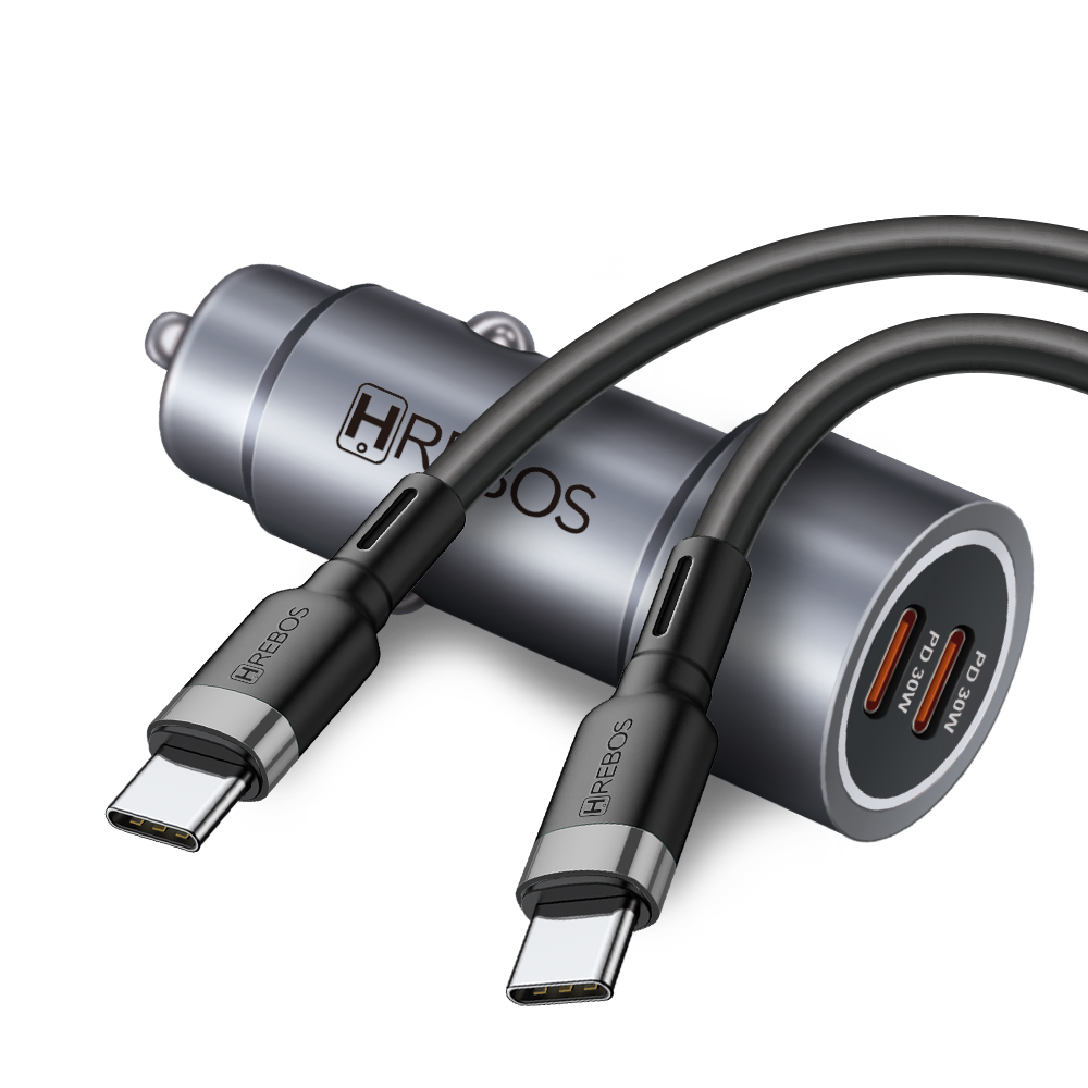 HREBOS Premium Kit Carregador Veicular 60W 2x USB-C com cabo Tipo-C ou Lightning - Cinza