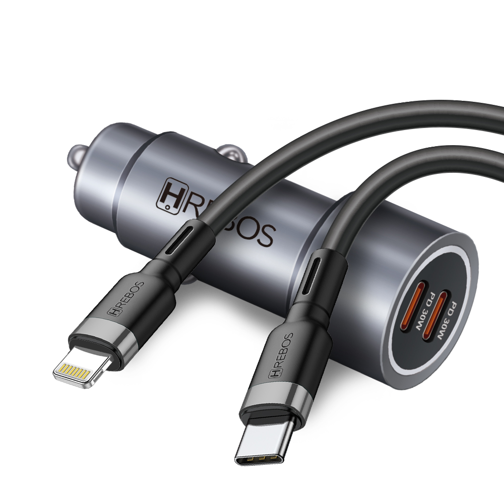 HREBOS Premium Kit Carregador Veicular 60W 2x USB-C com cabo Tipo-C ou Lightning - Cinza