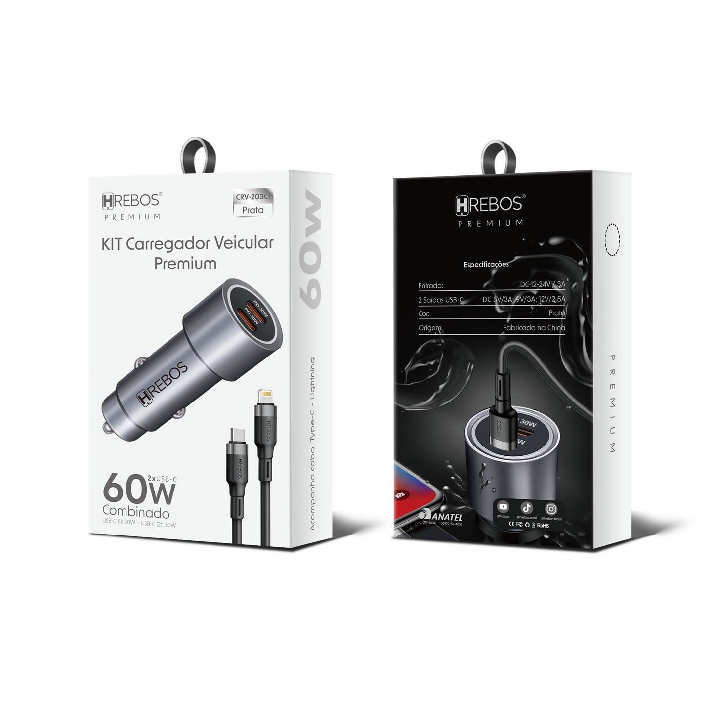 HREBOS Premium Kit Carregador Veicular 60W 2x USB-C com cabo Tipo-C ou Lightning - Cinza