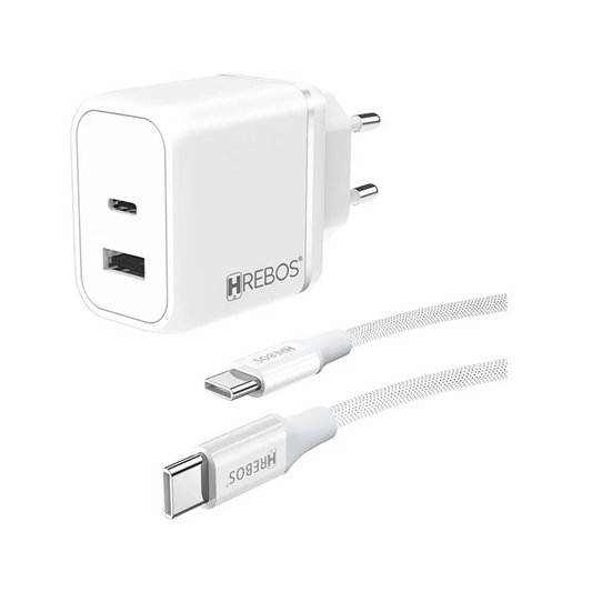 HREBOS Premium Carregador de Parede Premium 45W 1 entrada USB-C e 1 entrada USB com Cabo - Branco