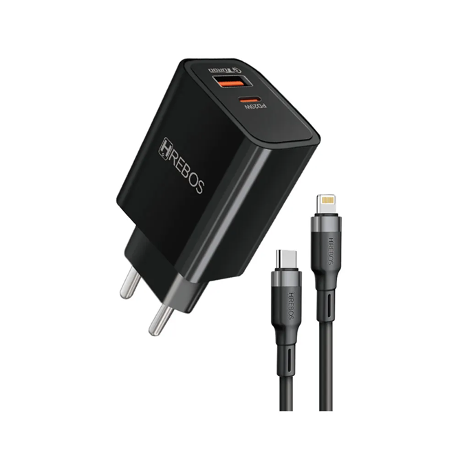 HREBOS Premium Carregador de Parede Power Turbo 1 entrada USB-C e 1 entrada USB-A Saídas Tipo-C e Lightning 20W/18W com Cabo - Preto