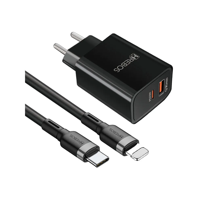HREBOS Premium Carregador de Parede Power Turbo 1 entrada USB-C e 1 entrada USB-A Saídas Tipo-C e Lightning 20W/18W com Cabo - Preto