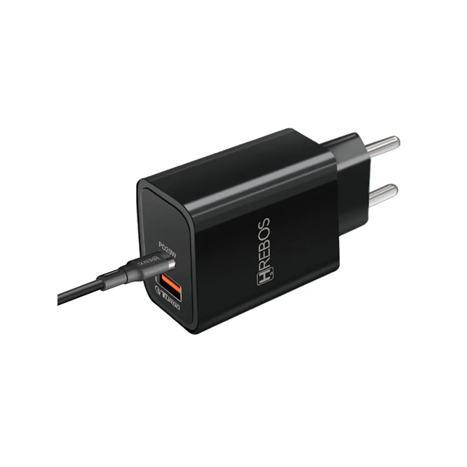 HREBOS Premium Carregador de Parede Power Turbo 1 entrada USB-C e 1 entrada USB-A Saídas Tipo-C e Lightning 20W/18W com Cabo - Preto